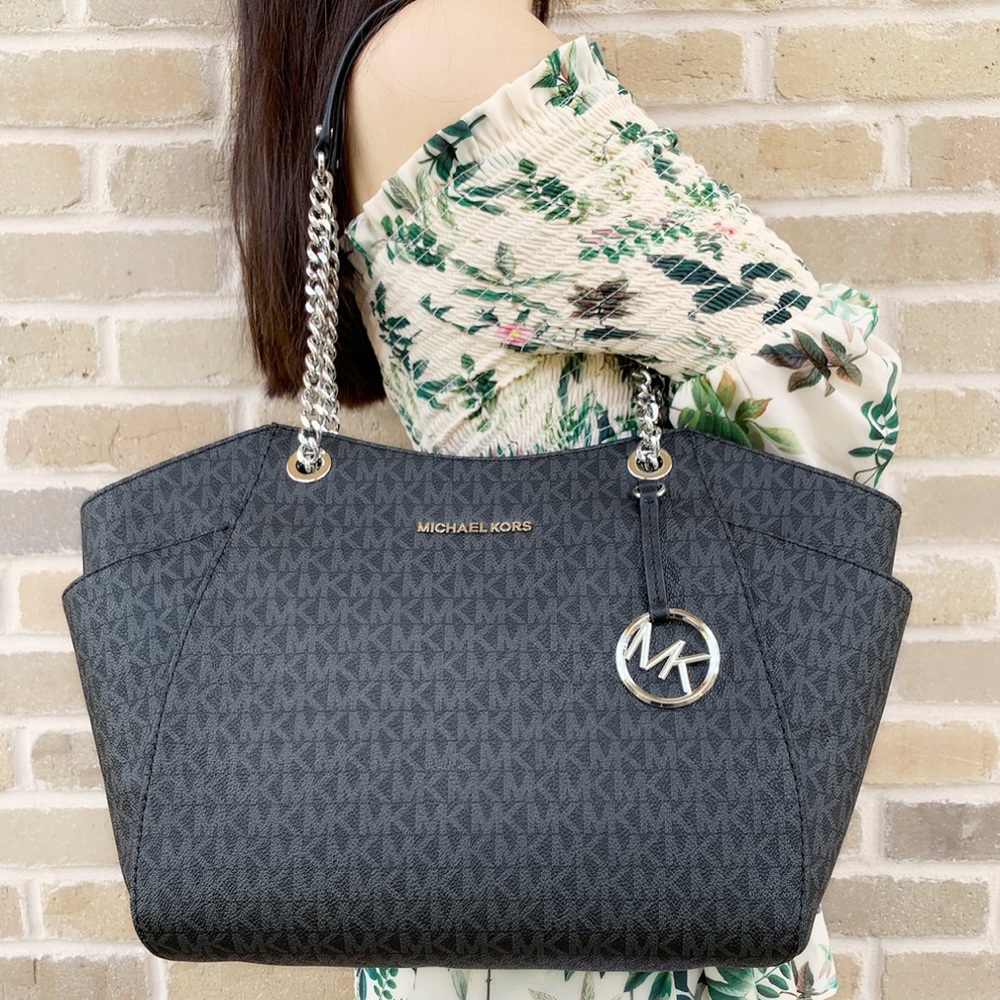 Michael Kors Jet Set Travel Chain Shoulder Tote Black MK Signature - Picture 1 of 3